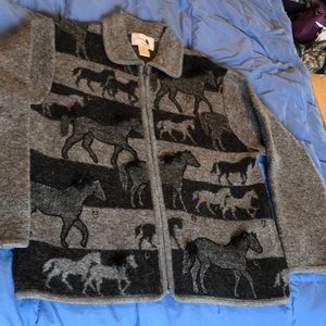 Women’s large, boiled wool, zip front horse sweater